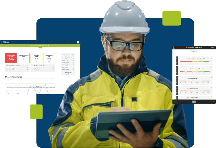 Safety manager with tablet observing industrial athlete.